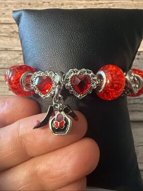 Silver Red Charm Bracelet with Heart and Purse Lipstick Heel Charms S-Steel